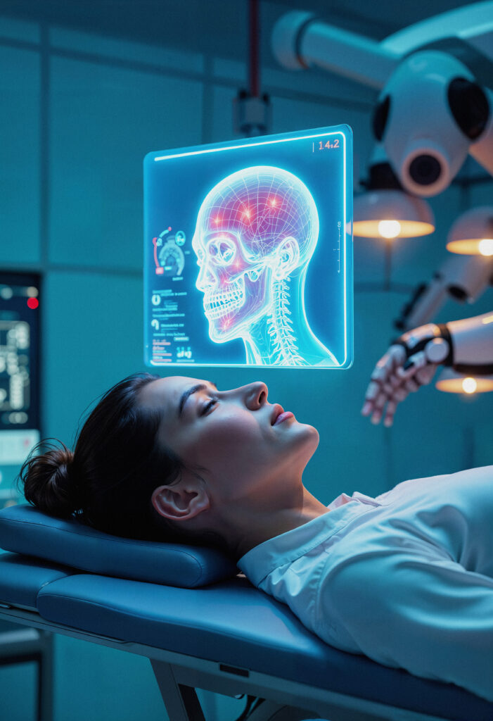Home patient undergoing brain scan futuristic medical setting